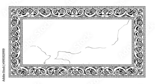 Elegant Ornate Vintage Frame Border with Cracks and Classic Scrollwork Design on Isolated White Background