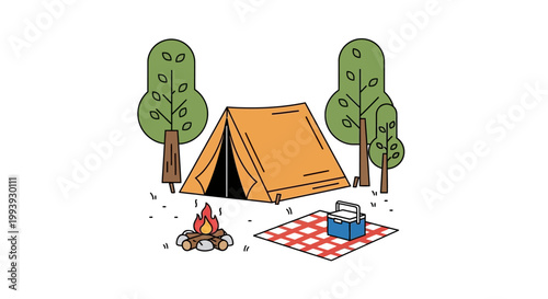 Camping Tent with Campfire Outside.