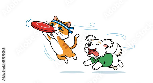 Cartoon dog and cat playing frisbee.