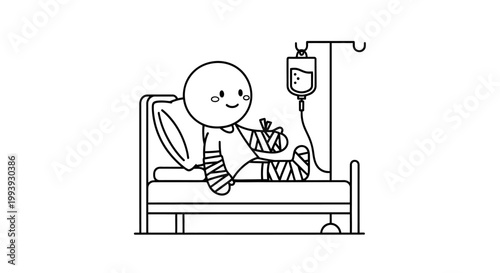 Injured Cartoon Character Patient with Broken Arm in Cast Receiving IV Drip in Hospital Bed on Isolated White Background