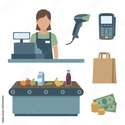 Flat Design Illustration of Supermarket Checkout Process Featuring a Cashier, Groceries, Payment Terminal, and Scanner for Modern Retail Business Operations