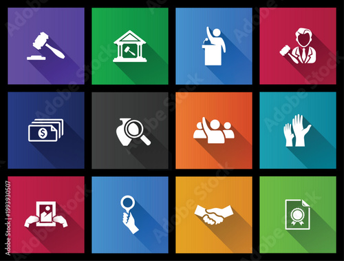 Auction icons in long shadows color style