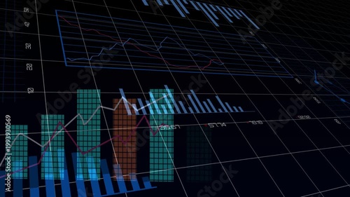 Camera zooming forward showing 3D charts rising, bars recoloring, trend line climbing for insight
