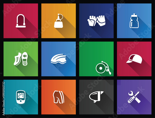 Bicycle accessories icons series in long shadows color style