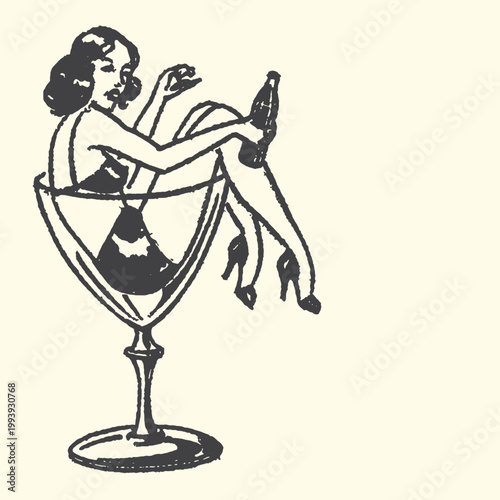 Photos Retro woman in cocktail glass holding bottle with cocktail illustration lifestyl