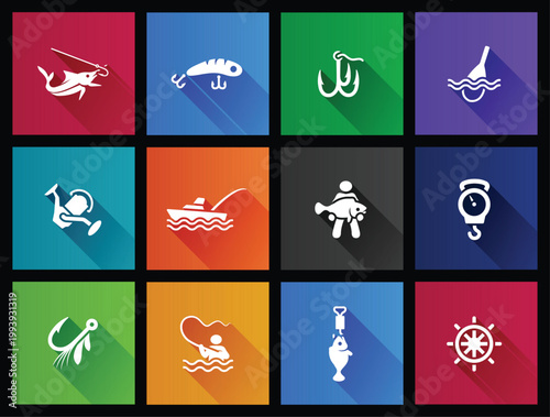 Fishing icons in long shadows color style