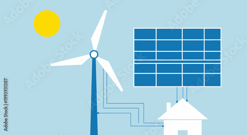 Sustainable Living Concept A minimal illustration of a house powered by green renewable energy sources like solar panels and a wind turbine, emphasizing eco-friendly future homes