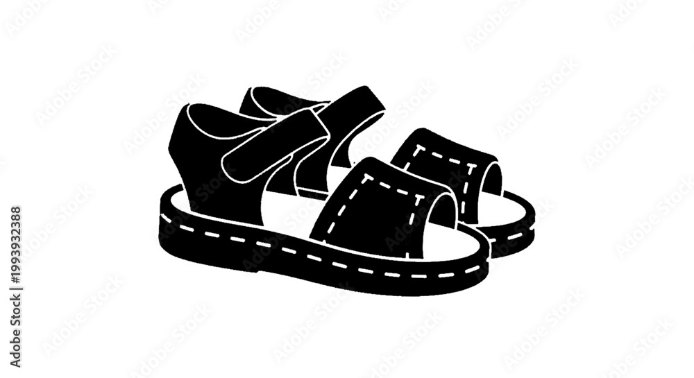 Naklejka premium Vector illustration of black silhouette of a pair of sandals with straps and thick soles on a transparent background