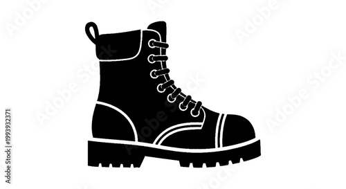 Vector illustration of black silhouette of a classic combat boot with laces, vector illustration on a transparent background