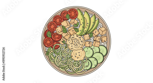 Healthy Buddha Bowl Illustration - Tofu, Avocado, Cucumber, Tomato, Hummus