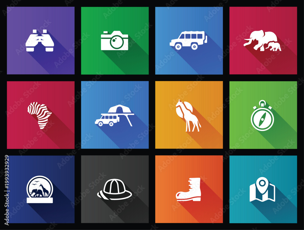 Fototapeta premium Safari icons in long shadows color style