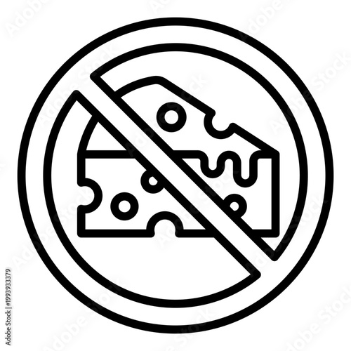 no cheese outline icon. Swiss cheese with forbidden cross sign. dairy free and allergy warning. diet and food restriction