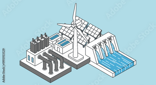 Isometric illustration showcasing a sustainable energy hub with solar panels, wind turbine, and hydroelectric dam