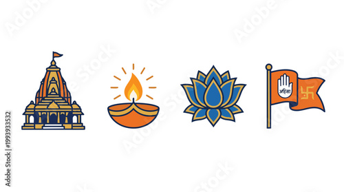 Collection of Indian cultural symbols including a temple, a diya lamp, a lotus flower, and a flag with Swastika and Ahimsa symbols representing Jainism and Hinduism festivals and celebrations