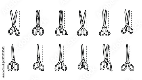Grid of various scissors icons with dotted lines indicating different cutting paths and styles on a white background.
