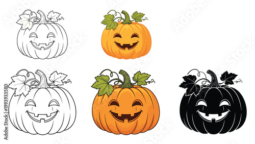 Series of carved Halloween pumpkins or jack-o-lanterns in various artistic styles and colors on a white background.