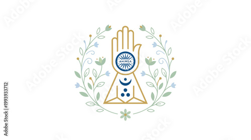 Jain Ahimsa Symbol Hand Emblem with Floral Wreath and Crescent Moon representing peace and non-violence in a spiritual and cultural context