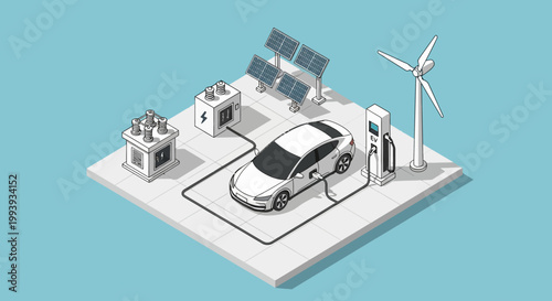 Isometric concept Electric car charging from a green energy grid with solar panels and a wind turbine. Sustainable transportation and clean technology future