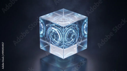 A futuristic glass cube with swirling blue patterns on a dark background