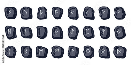 Set of hand drawn viking runes Rune stones with ancient norse alphabet characters engraved on them Scandinavian futhark germanic celtic Single element for design, print, web, decor