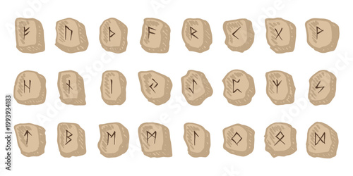 Set of hand drawn viking runes Rune stones with ancient norse alphabet characters engraved on them Scandinavian futhark germanic celtic Single element for design, print, web, decor