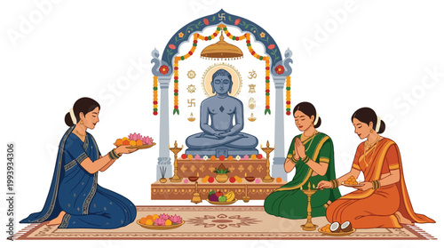 Jain Devotees Offering Prayers and Flowers to Lord Mahavir Statue in a Temple During a Religious Festival Celebration