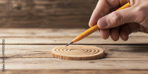  hand holding a pencil draws concentric circles on a wood slice placed on a rustic wooden surface.
