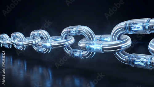 A close-up view of a shiny metallic chain on a dark background