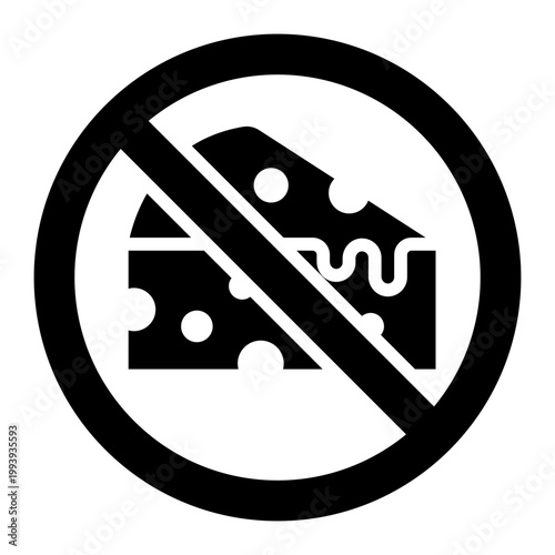 no cheese glyph icon. Swiss cheese with forbidden cross sign. dairy free and allergy warning. diet and food restriction