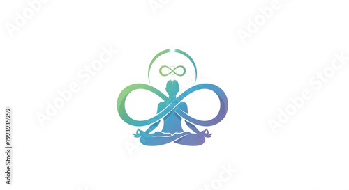 Meditating person with infinity symbol yoga logo mindfulness and wellness concept gradient blue and green colors