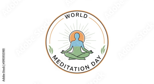 World meditation day logo with a person meditating in lotus position surrounded by sun rays and green leaves on a white background