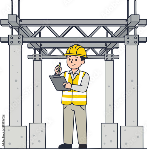 Experienced construction engineer overseeing building project development, meticulously inspecting structural elements and ensuring site safety, performing crucial quality control