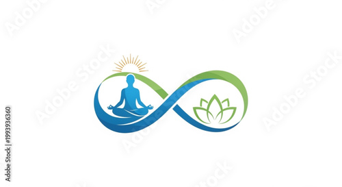 Meditation symbol with yoga and lotus in infinity loop representing spiritual growth and harmony