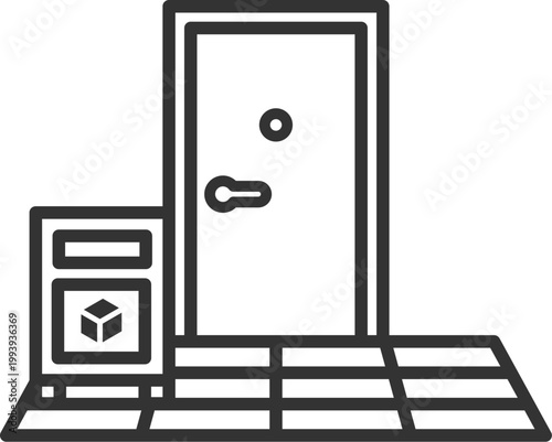 玄関先においた、宅配ボックスのアイコン（線画）のイラスト