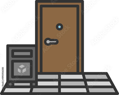 玄関先においた、宅配ボックスのアイコン（線画カラー）のイラスト