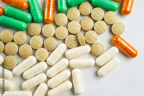 Mix of medical capsules pills Antibiotics, supplement, vitamin