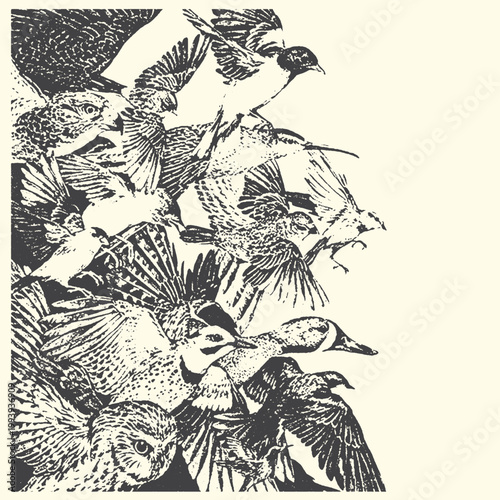 Doodle illustration of a flock of birds in flight and perched detailed feathers and dynamic composition illustration feathers wildlife bluebird creature decoration environment kingfisher