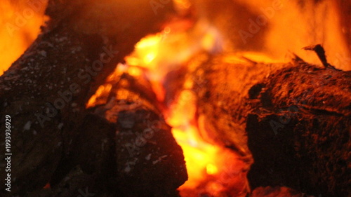 Photos Close up of burning wood logs blazing in flames inside black wrought iron wood burning fire