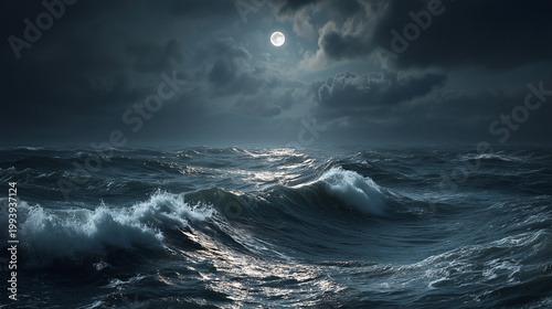 Moonlit Ocean: A captivating seascape captures the raw power of the ocean under a moonlit sky, with waves crashing. Reflecting the interplay of light and shadow