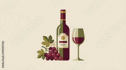 A wine bottle with a glass and grapes on a beige background, illustrating a still life composition with warm earthy tones