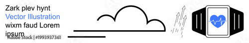 Weather tracking, fitness health, smart technology, lifestyle monitoring, environment, forecasting. Cloud with rain lines and smartwatch displaying a heart icon. Weather tracking and fitness health