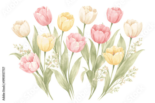 Vector art in watercolor style featuring multiple plants with red and yellow blooms, capturing delicate details, smooth color blends, and a lively yet peaceful floral scene.