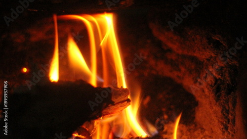 Tableau sur toile Close up of burning wood logs blazing in flames inside black wrought iron wood burning fire