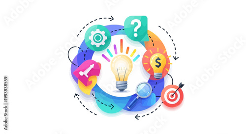 Conceptual illustration of an idea generation process with lightbulb and icons