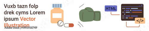 Health, fitness, technology, programming, medicine, digital interface. A medicine bottle, boxing gloves and a coding screen with HTML tags. Health and fitness technology concepts illustrated