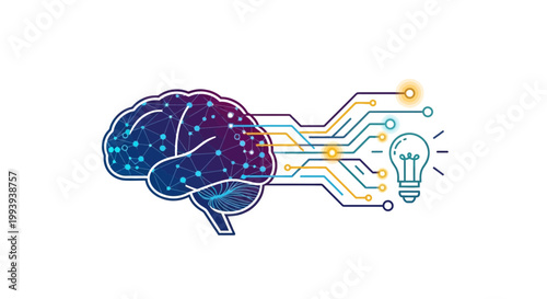 Conceptual illustration of brain with circuit board and light bulb vector
