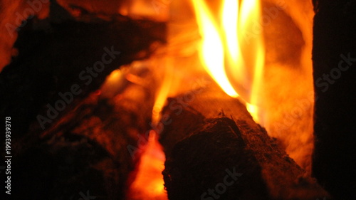 Bild auf Leinwand Close up of burning wood logs blazing in flames inside black wrought iron wood burning fire