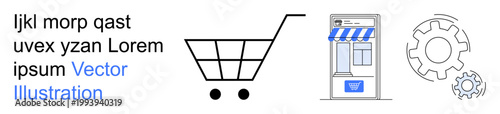 Digital commerce, e-commerce setup, online retail, shopping solutions, digital economy, technology services. Shopping cart, storefront with awning gear icons e-commerce . Digital commerce