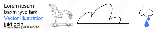 Cybersecurity, deception, weather forecasting, talent management, health symptoms, sneeze . Trojan horse, cloud shape dripping nose. Cybersecurity and weather forecasting concepts