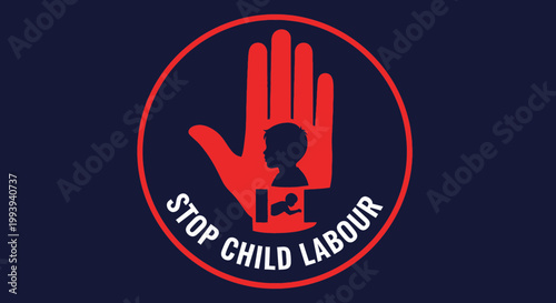 Stop Child Labour Symbol - Red Hand and Child Silhouette on Dark Blue Background